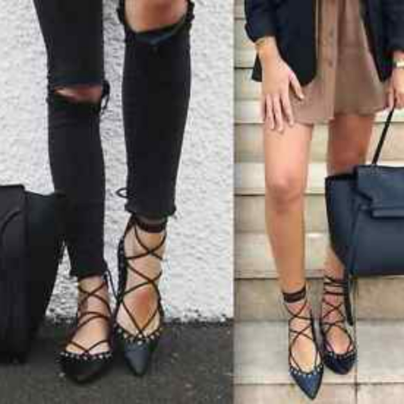 Zara Pointed toe Laced up Flats in Black leather - Picture 8 of 8